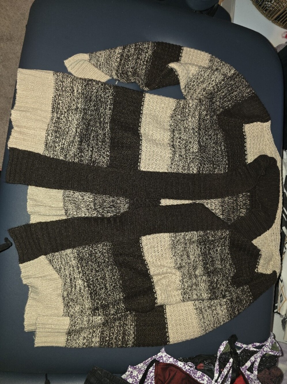 Women's Black and Cream Striped Open-Front Sweater Cardigan